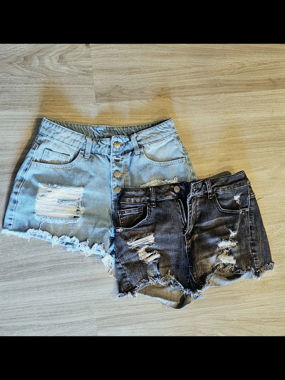 Distressed Denim High-Waist Shorts - Light Blue & Black (Set of 2)